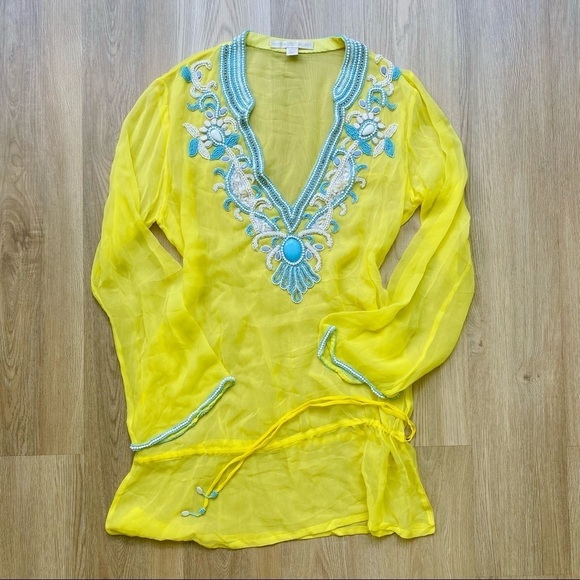 Boston Proper Yellow & Aqua Sheer Beaded Bathing Suit Coverup Dress - Picture 1 of 6